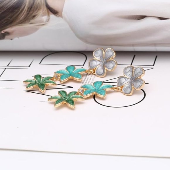 Floral Three Tier Gray Blue Green Flower Drip Oil Enamel Drop Earrings NEW - Picture 3 of 7